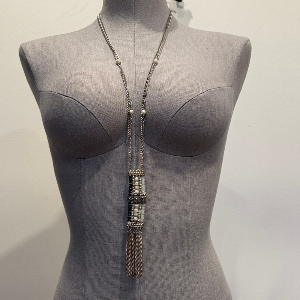 Silver-Tone Long Statement Necklace with Pearl Detail & Chain Tassel